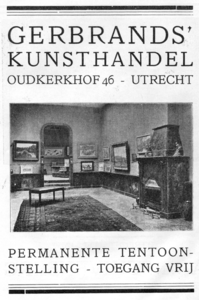 712772 Advertentie van Gerbrands' Kunsthandel, Oudkerkhof 46 te Utrecht, met een foto van het interieur van de zaak.